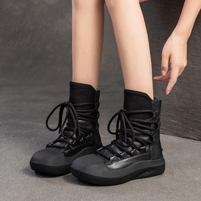 GKTINOO 2025 Autumn Winter New Retro Thick Soled Mid-calf Boots Genuine Leather Lace-up Design Women's Shoes