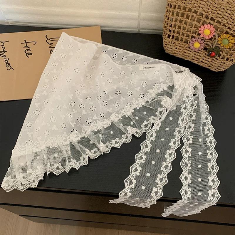 White Lace Bandana Belt Women's Spring and Summer French Retro High-end Triangle Scarf Headwear Tie Hair Headband