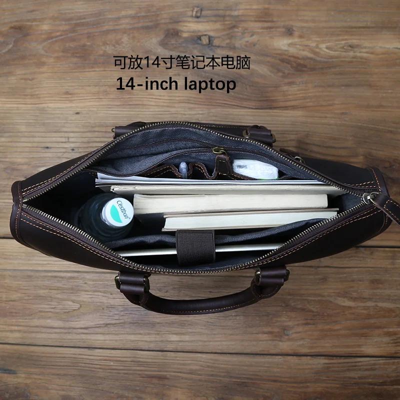 NZPJ Vintage Genuine Leather Men Briefcase Natural Top Layer Cowhide Handbag Leisure Business Laptop Bag Shoulder Messenger Bag