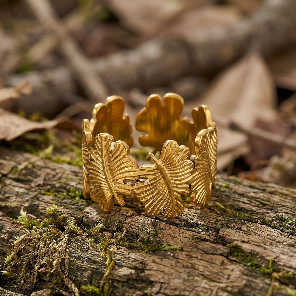 INSSGG Elegant Maple Leaf Adjustable Ring: Textured Hollow Tree Leaf Design