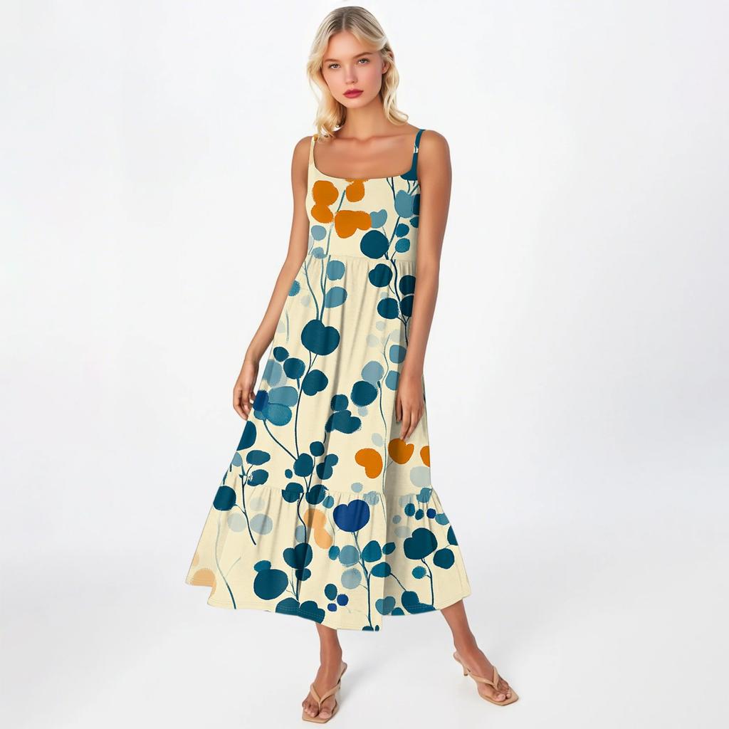 Women's Long Beach Casual Elegant Spaghetti Strap Maxi Dress Stitching Low-key Flowing Bohemian Dress