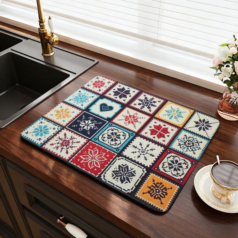 Bohemian Tile Pattern Non Slip Kitchen Drying Mat Water Resistant Countertop Dish Draining Pad for Small Cafe Use