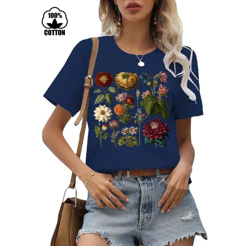 Floral Print Casual T-shirt 100% Polyester Short Sleeve round Neck Women's Graphic Top Aesthetic Summer Fashion