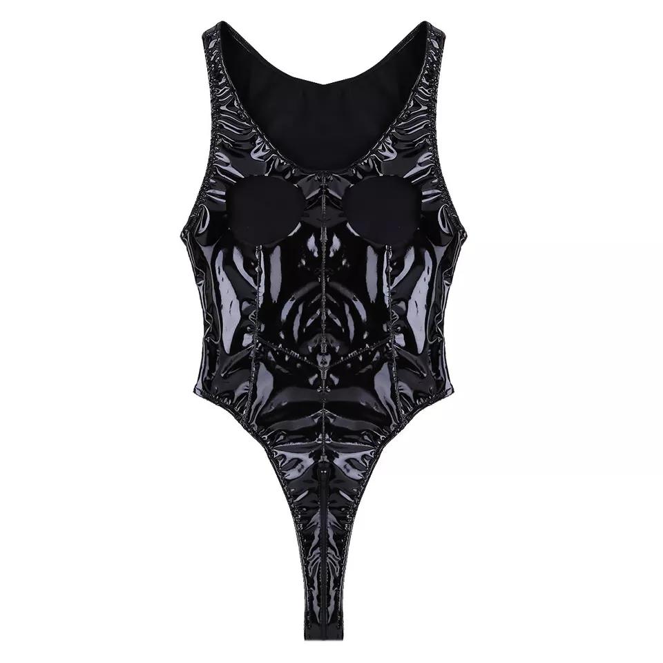 Sexy Body in pelle lucida con cavallo aperto per donne Porno erotico caldo Seno esposto Body in lattice lucido senza cavallo Sexi
