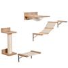 4PCs Wall-mounted Cats Climbing Shelf Set Cat Tree Kitten Perch Activity Center with Hammock Scratching Post Jumping Platform Brown
