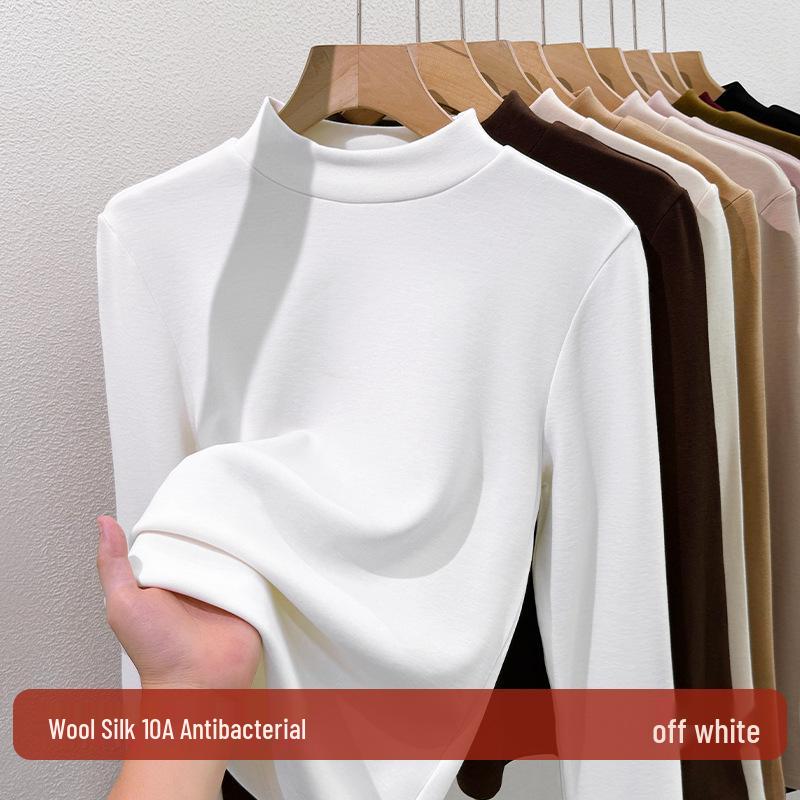 Women's Lyocell Tencel Round Neck Base Layer, Thickened Velvet Wool-Silk Long Sleeve Top for Autumn/Winter
