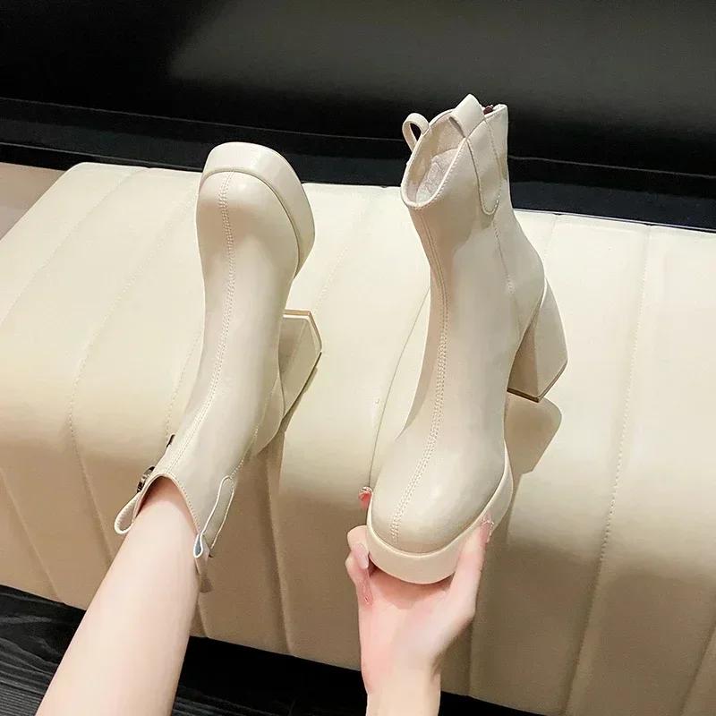 Fashion High Heels Women Ankle Boots Square Toe Fashion Leather Shoes Winter 2024 Trend Designer Goth Chunky Luxury Snow Botas Mujer