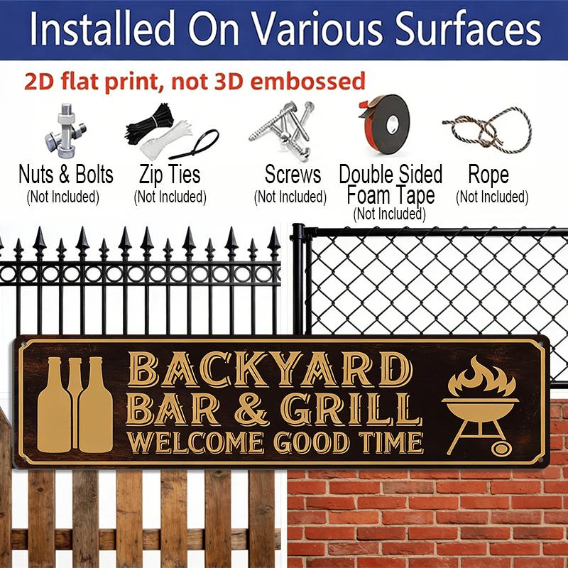 2D Flat, 1pc Rustic Farmhouse Aluminium Decorative Sign "Backyard Bar & Grill Welcome Good Time" with Beer Bottles & Grill Art - Season Holiday