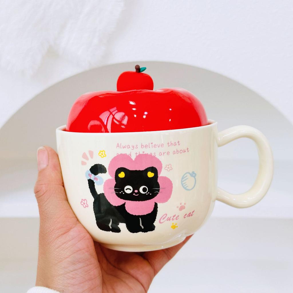 Apple Cat Red Souvenir Set Cartoon Cute Festive Ceramic Cup with Lid Spoon Mug Personalized Hand Cup