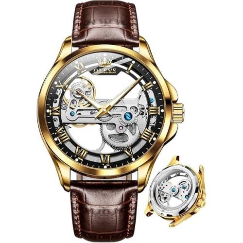 

OLEVS Men s Mechanical Automatic & Manual Wind Watch with Clear Skeleton Leather Strap, Fashionable and Stylish Leather Watch with Luminous Design, Wa