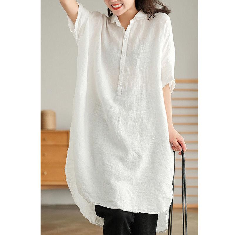 

Summer New Solid Color Cotton Linen Loose Casual Shirt Women Short Sleeve Oversized Aesthetic Tops Women All Match Femme Clothes 2XL червоний