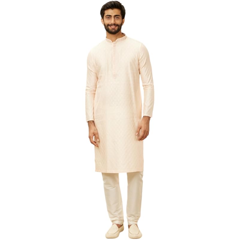 Manyavar Men's Peach Blended Viscose Self Design Kurta Pyjama Set (L)