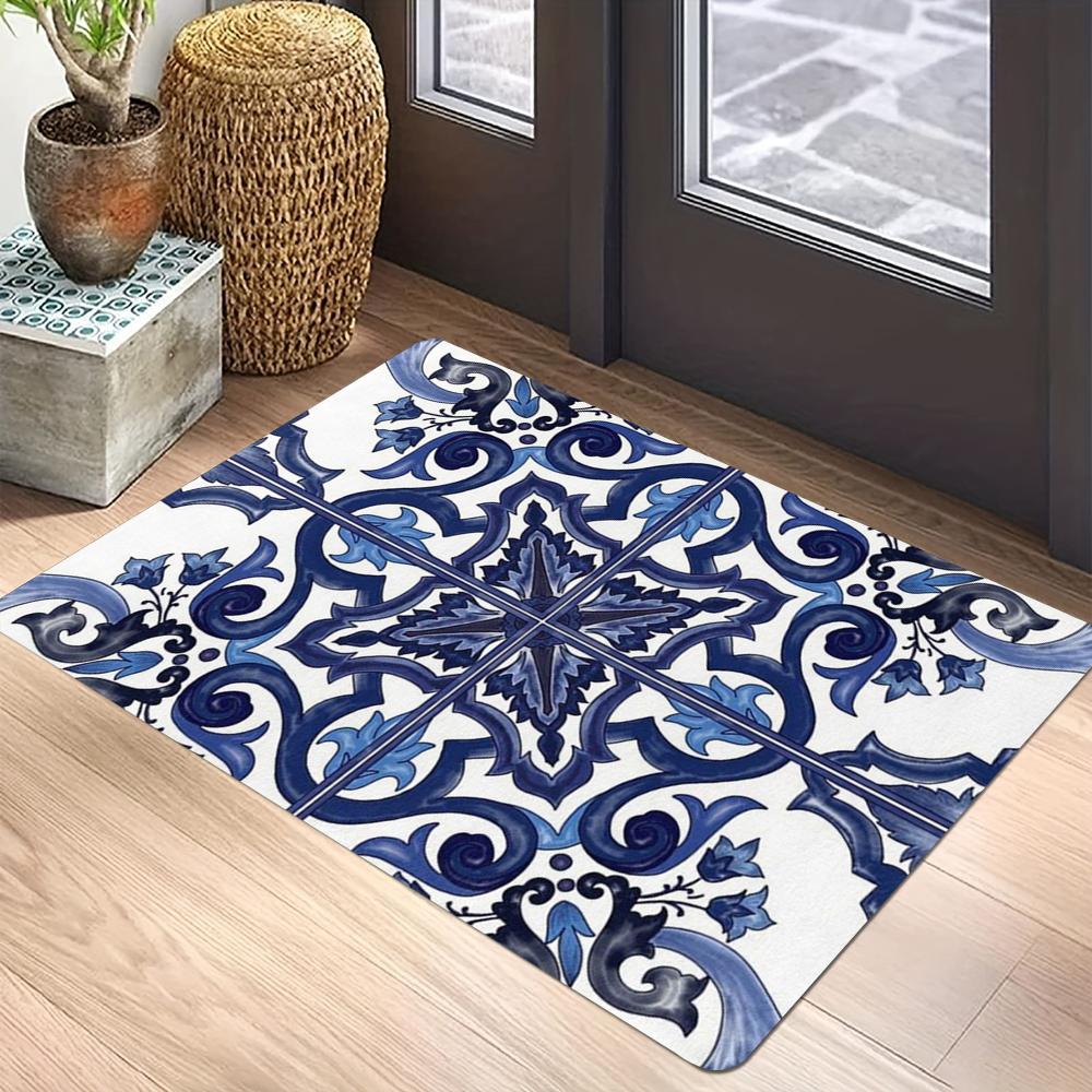 Blau Weiß Muster Teppichmatte - Symmetrisches Design Mediterran Geometrisch Vintage Traditionell Dekorativ Heimdekoration Teppich