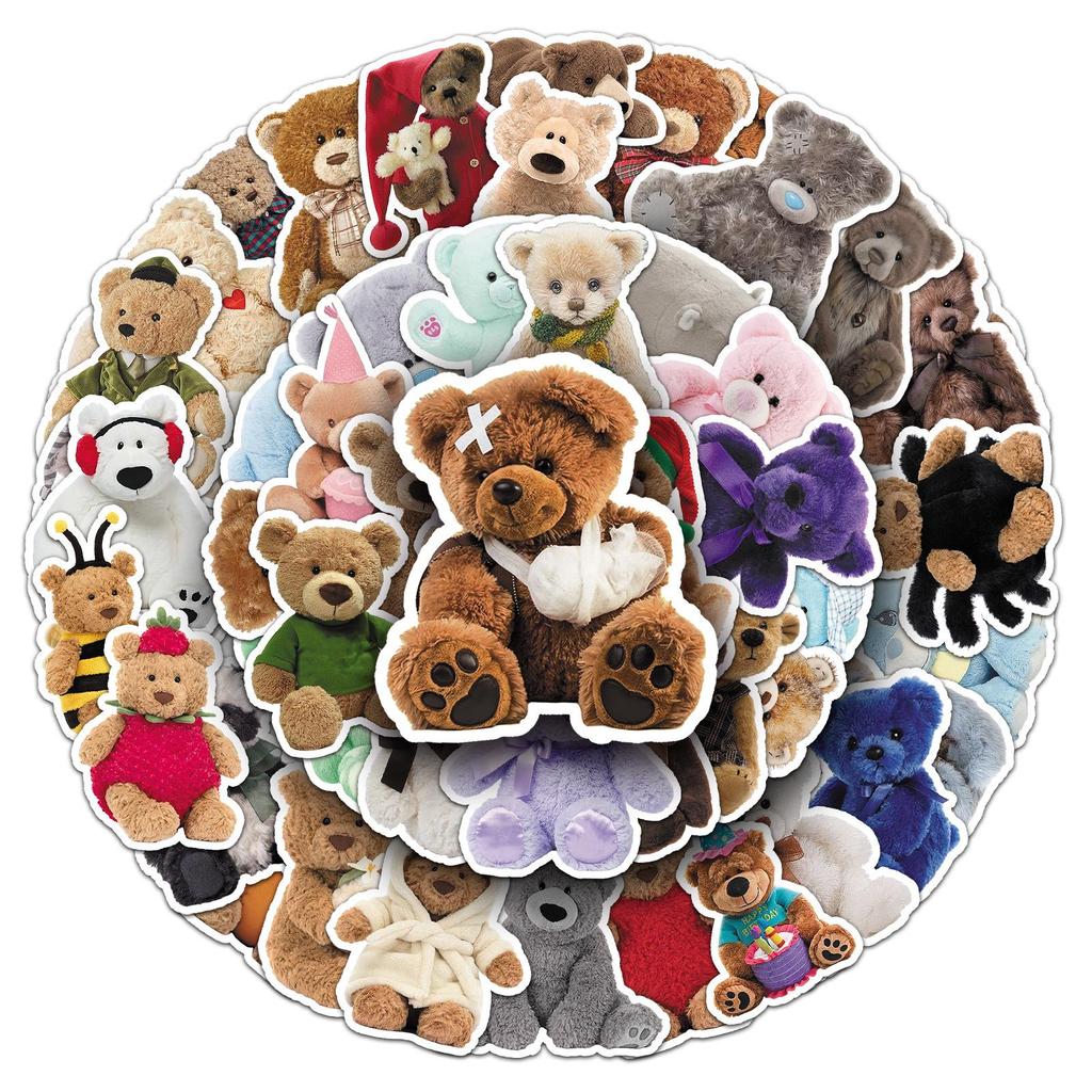 50 Cute Bear Plush Toy Stickers for Refrigerators, Guitars, Headphones, and Photo Albums