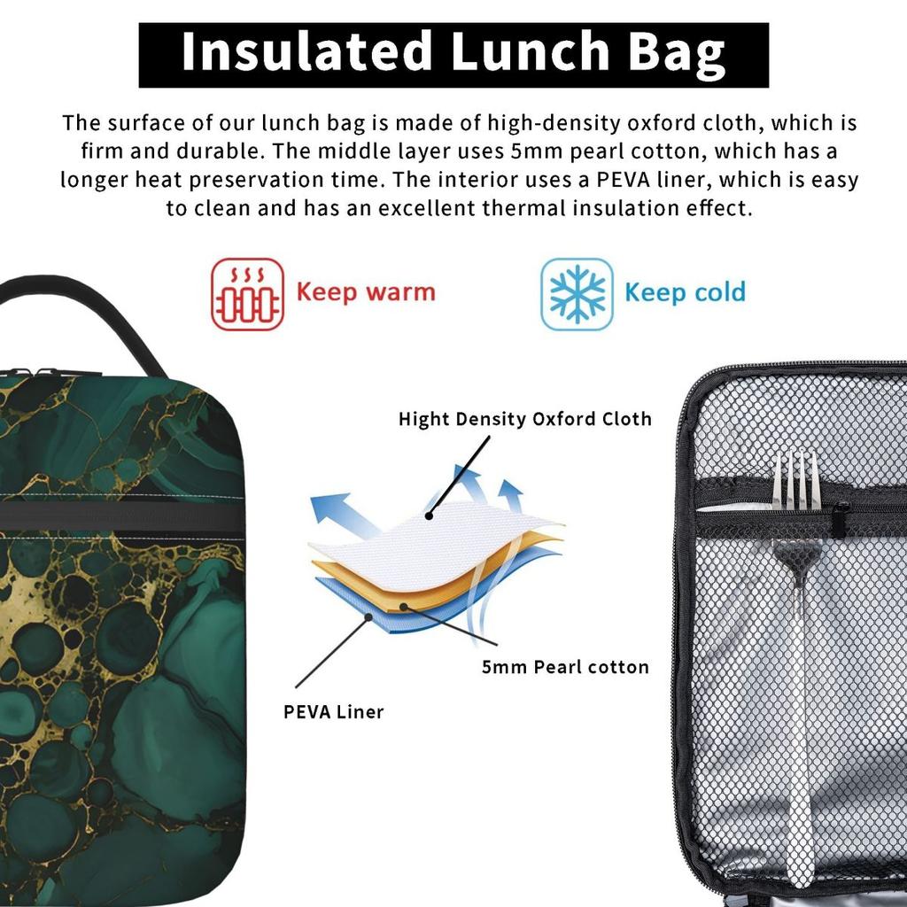 Dark Green Marble Pattern Insulated Lunch Bag for Kids School Cooler Thermal Food Box Tote Leakproof Lunch Boxes Container