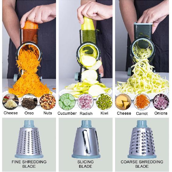 Rotary Cheese Grater Cheese Shredder, Cheese Grater Handheld with Strong Suction Base,Kitchen Vegetable Slicer 3 Replaceable Stainless Drum Blades