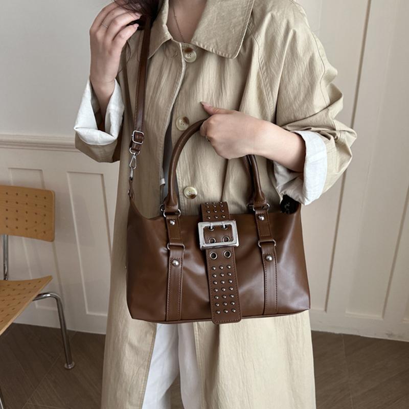Yogodlns Women Y2K Bowling Handbag Retro Metal Buckle Design Shoulder Bag Vintage Faux Leather Detachable Strap Crossbody Bag for Shopper