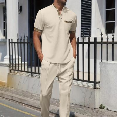 Herren Sommer Waffelstrick Polo & Hose Set mit Tasche - Stehkragen, Unifarben