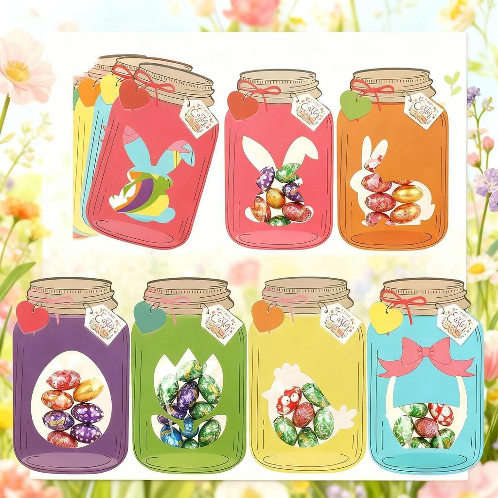 48pcs Easter Candy Jar Greeting Cards Fillable Candy Jar Decoration Container Easter Ma-son Jar Card Birthday Exchange Gift Card