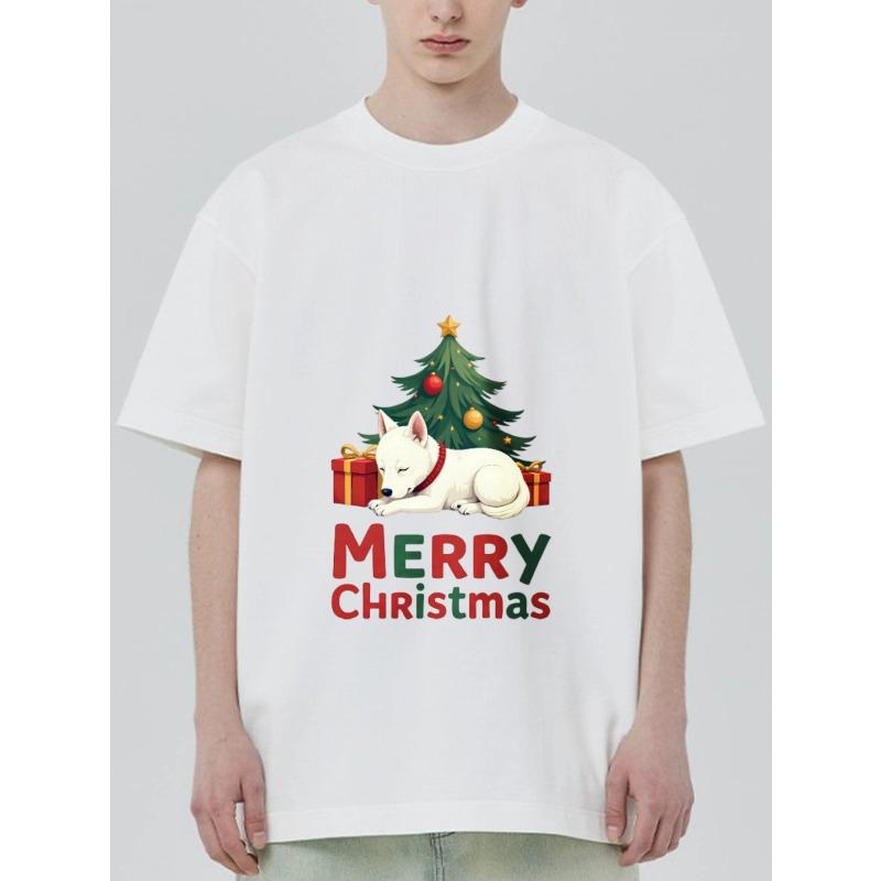 Christmas T-Shirt Black White Dog and Christmas Tree with Gifts Merry Christmas Print Holiday Party Casual Wear