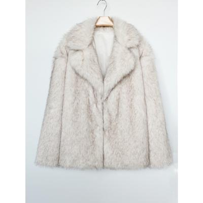 Women's Beige Faux Fur Blazer Coat Lapel Collar Warm Winter Jacket Office Lady