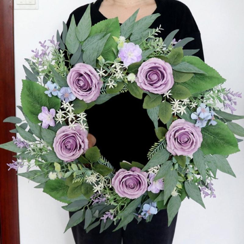 Artificial Flower with Leaf Realistic Purpler Rose Wreath Decoration for Door Window Hallway Farmhouses Wedding Wreath