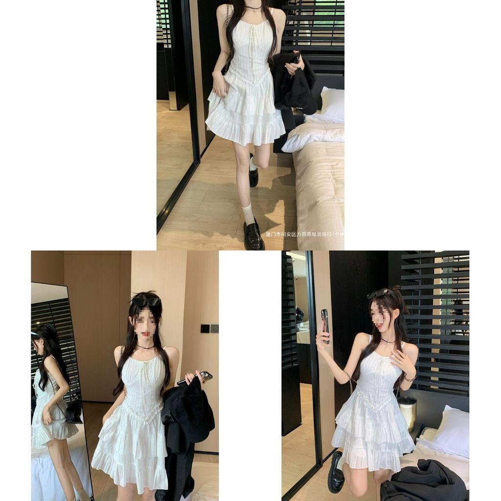 White Strap Dress Summer Knit Fabric Sleeveless Waist Short Skirt For Women