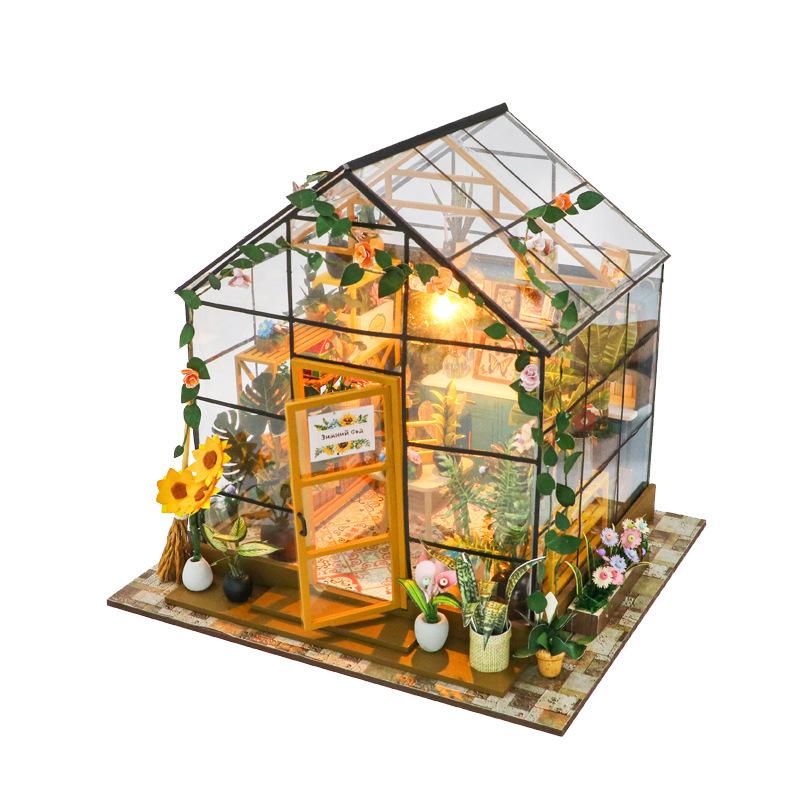 Puppenhaus Bausatz Mini DIY Blumenhaus Handgefertigt 3D Puzzle Montage Bauspielzeug Heim Schlafzimmer Dekoration mit Möbeln Puppenhäuser