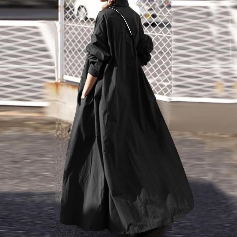Women Turn-down Collar Long Sleeve Shirt Dress Loose Plain Maxi Blouse Dresses