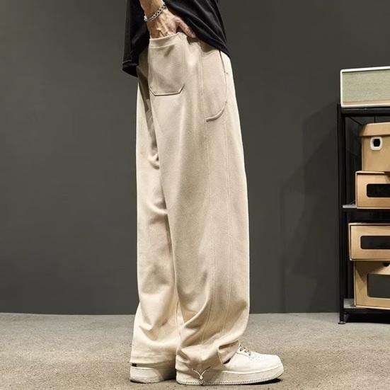 Men Fall Winter Pants Drawstring Elastic Waist Loose Thick Plush Pockets Wide Leg Straight Soft Men Casual Long Sports Trousers Sweatpants