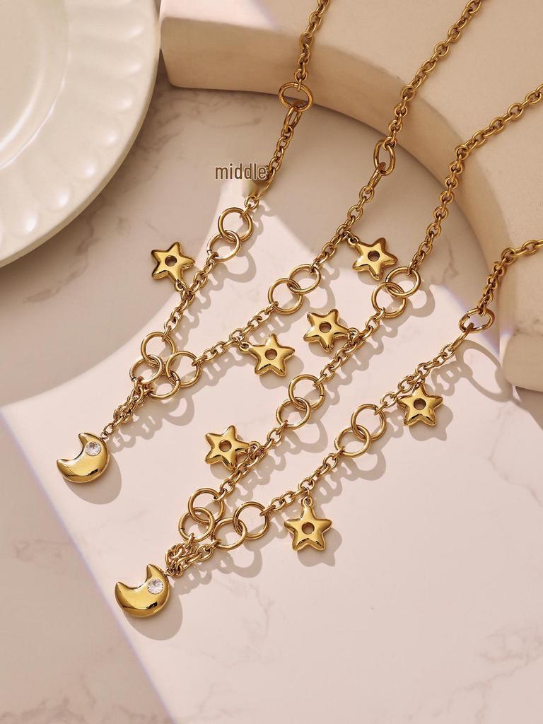 Exquisite Fairy Star & Moon Pendant Necklace Bracelet, Two-Color Electroplated Stainless Steel Clavicle Chain