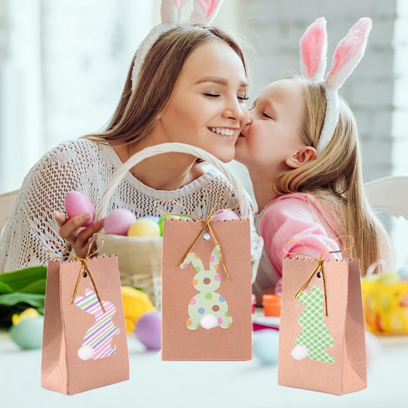 8pcs Kraft paper Easter Bunny Gift Bags with Rope stickers Easter Party Favors Rabbit Treat Bag Gift Packing Bags for Kids