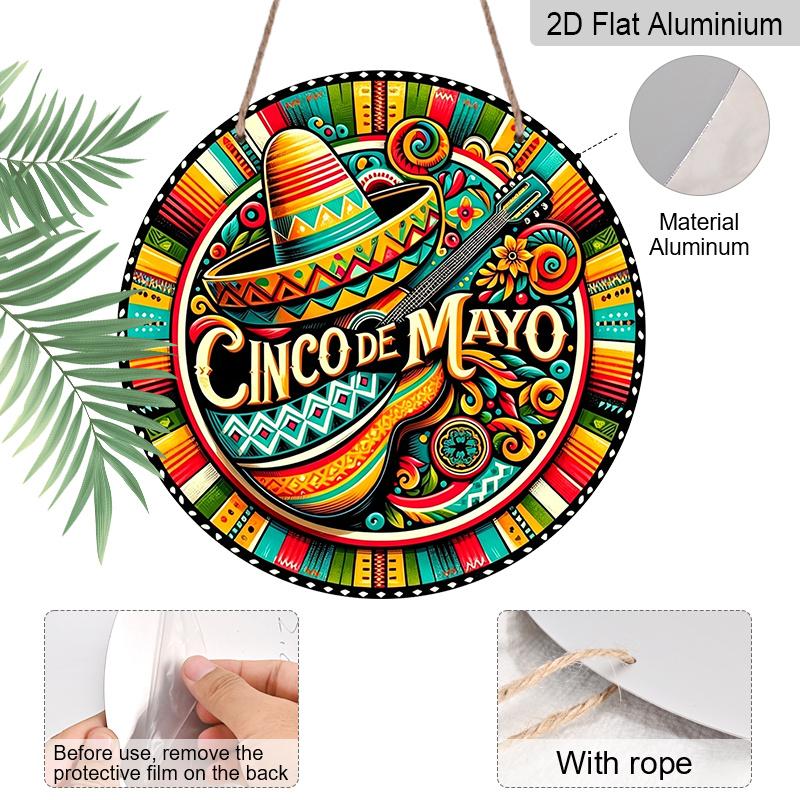 2D Flat, 1pc Round Aluminum Hanging Sign, Cinco De Mayo Sombrero & Guitar Mexican Folk Art Design, Vibrant Fiesta Metal Sign, Perfect for Taco Bar