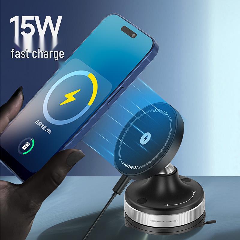 MagSafe Rotatable Car Phone Holder: Foldable Magnetic Dashboard Mount with 15W Wireless Charging.