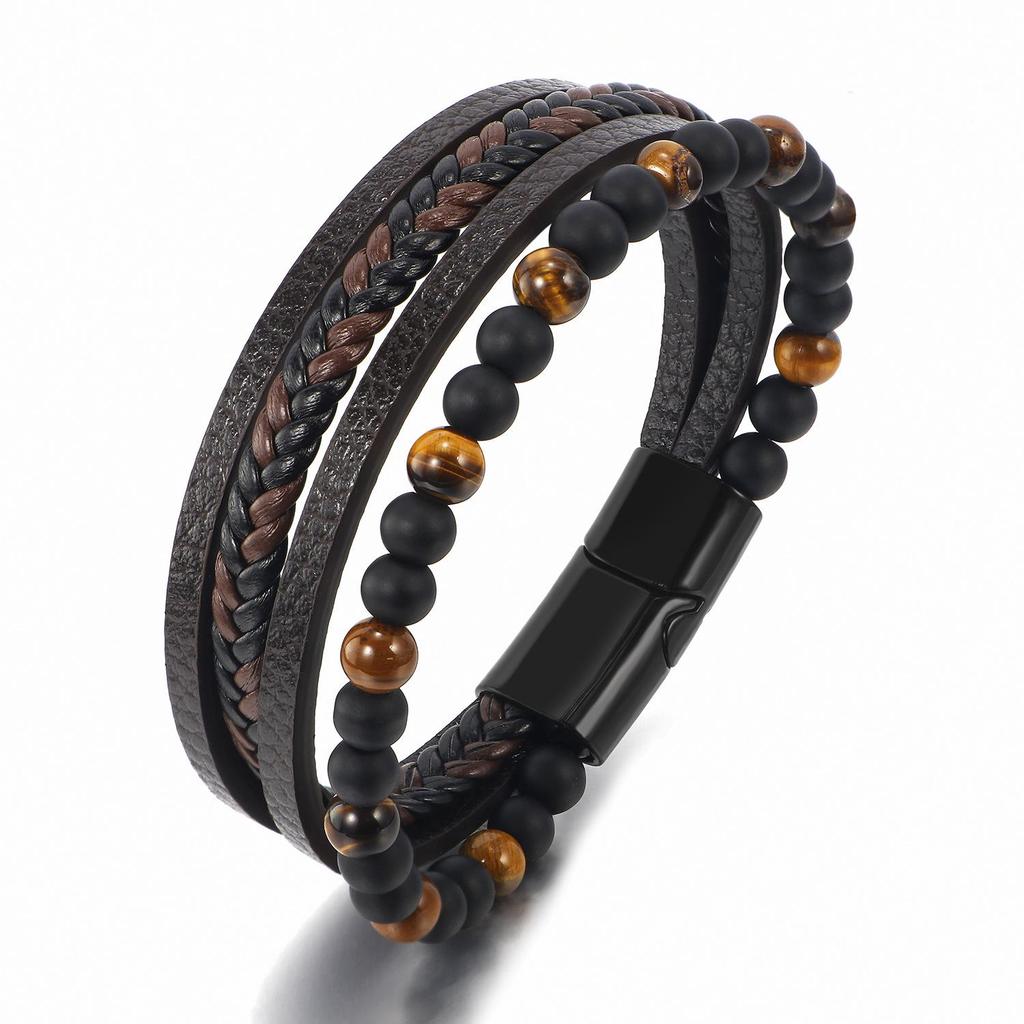 Men's Tiger Eye Beaded Multi-Layer Leather Bracelet