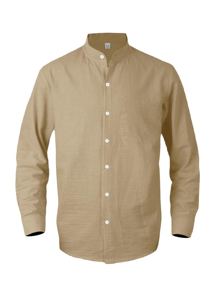 Men Striped Long Sleeve Stand Collar Casual Business Linen Shirt