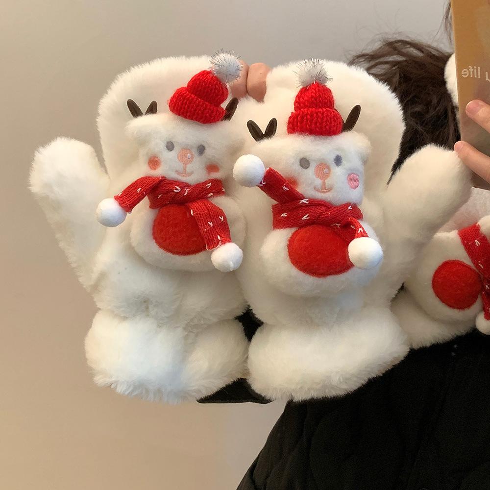Urocze Świąteczne Małe Bałwanki Pluszowe Rękawiczki Damskie Jesień i Zima Ciepłe Futrzane Odporne na Zimno Szyja Nowy Szalik