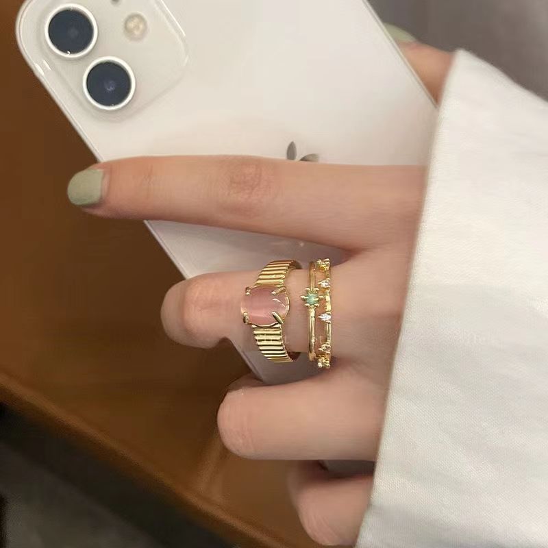 Pink opal ring temperament sweet open index finger ring Internet celebrity ring