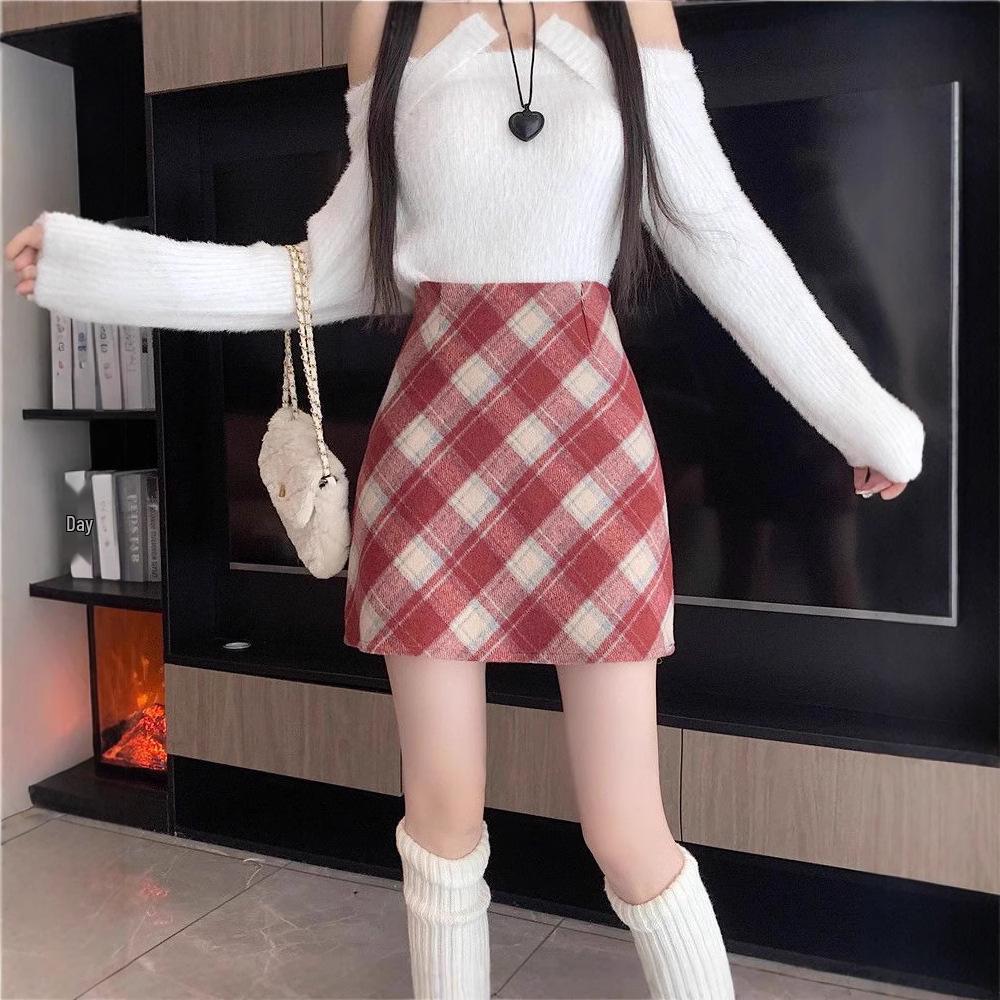Women's High Waist Plaid Wool Midi Skirt - Autumn/Winter Bodycon Slimming Style