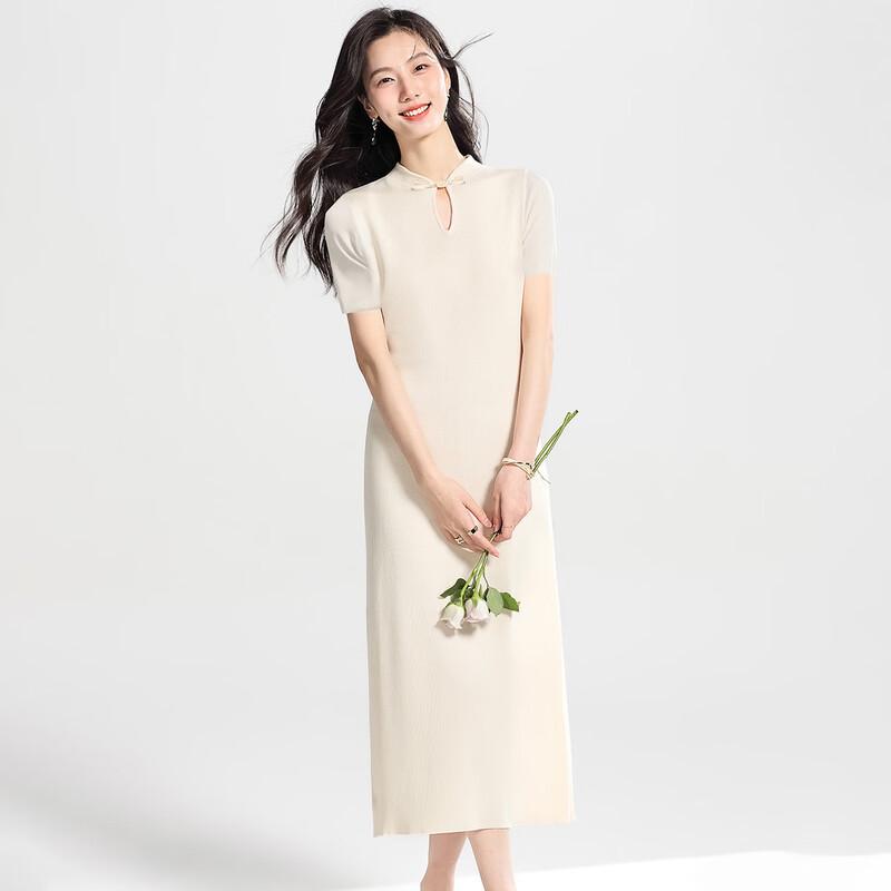 Sanpowa Women s Elegant Ice Silk Knit Cheongsam Dress One Size