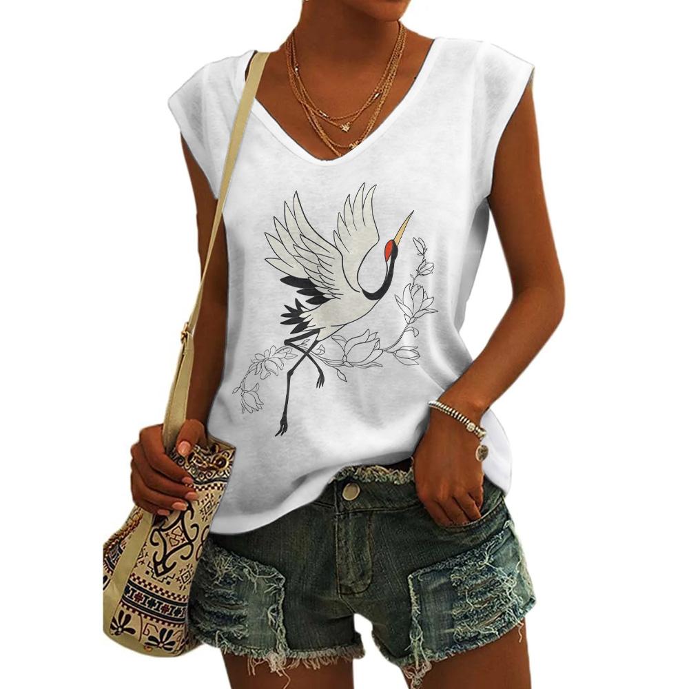 

Женский жилет с принтом журавля, безрукавка, майка с V-образным вырезом, женская одежда, модная уличная одежда, базовые футболки, топы с короткими рукавами S-3XL L