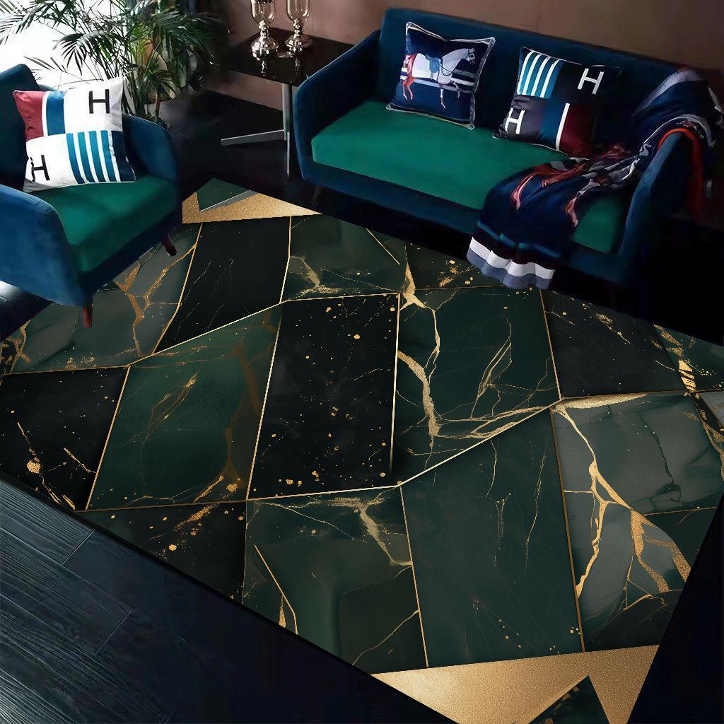 Green Geometry Carpet Non Slip Rug for Living Room Sofa Table Side Marble Golden Line Bedroom Decor Mat