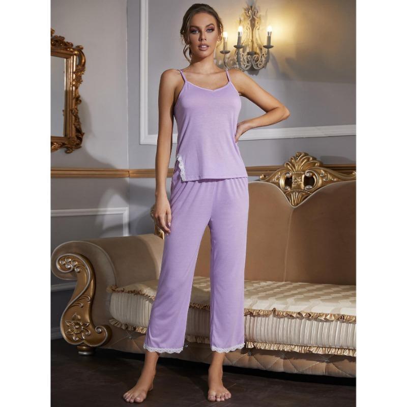 Women Sexy Lace Trim Cami Pajama Two Piece Long Pants Loungewear