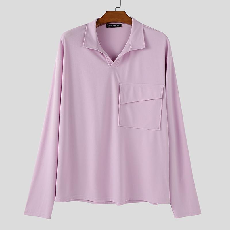 INCERUN Oversized Men Lapel Neck Long Sleeve Solid Loose Casual T-Shirts Tops