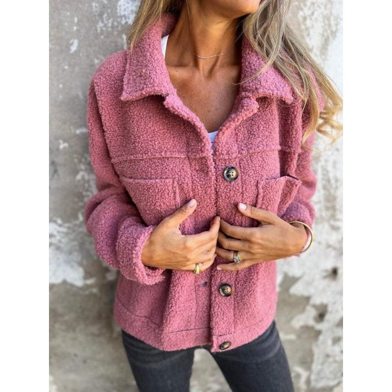 Pink Fashion Autumn and Winter Lapel Single-breasted Women's Lamb Wool Jacket, Simple and Versatile Women's Long-sleeved Top