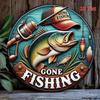 Metal Wall Art Vintage Fishing Welcome Sign Round 2D Printed Gift for Angler Home Decor