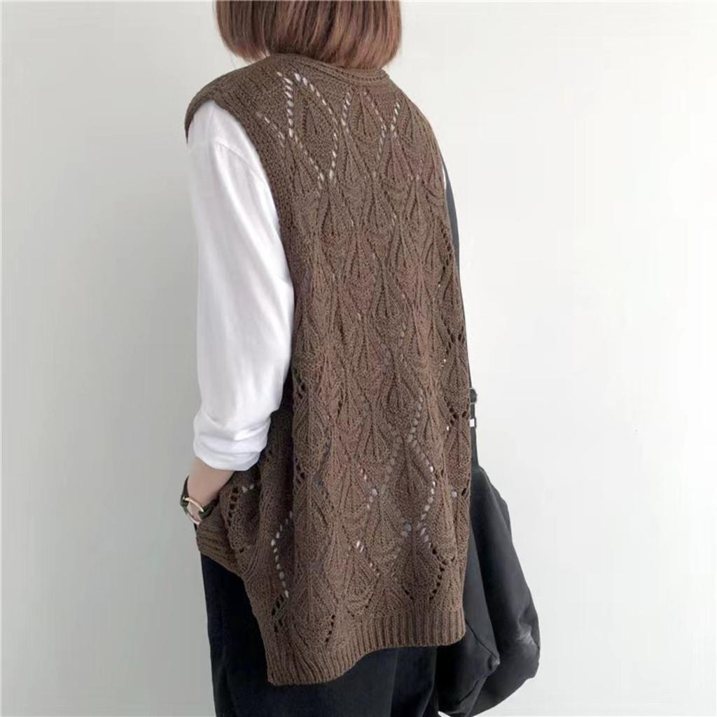 New, Retro, V-neck, Crochet, Knitted Sweater, Sleeveless Vest, Top, Loose, Hollowed Out, Pullover Vest