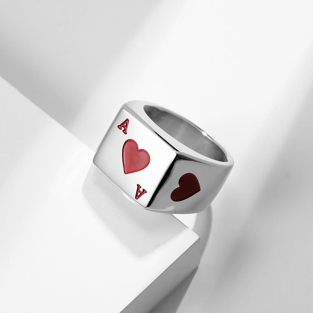 Red Heart & Spade Titanium Steel Men's Ring - European & American Style Lucky Playing Card Jewelry