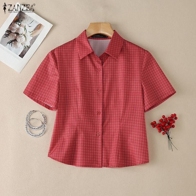 ZANZEA Women Casual Turn Down Collar Short Sleeve Grid Print Blouse