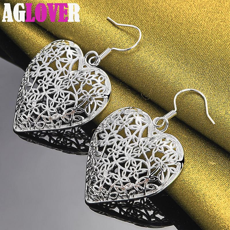 925 Sterling Silver Hollow Heart Flower Earrings Jewelry